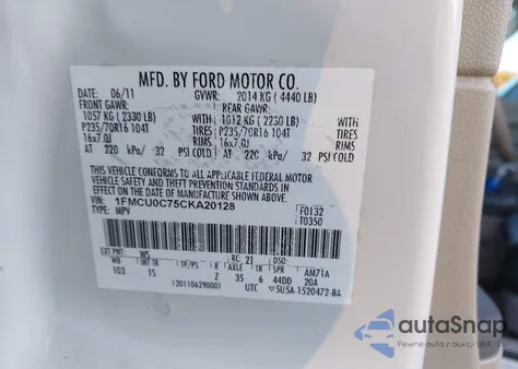 2012 Ford Escape Xls z USA, uszkodzony, nr VIN 1FMCU0C75CKA20128